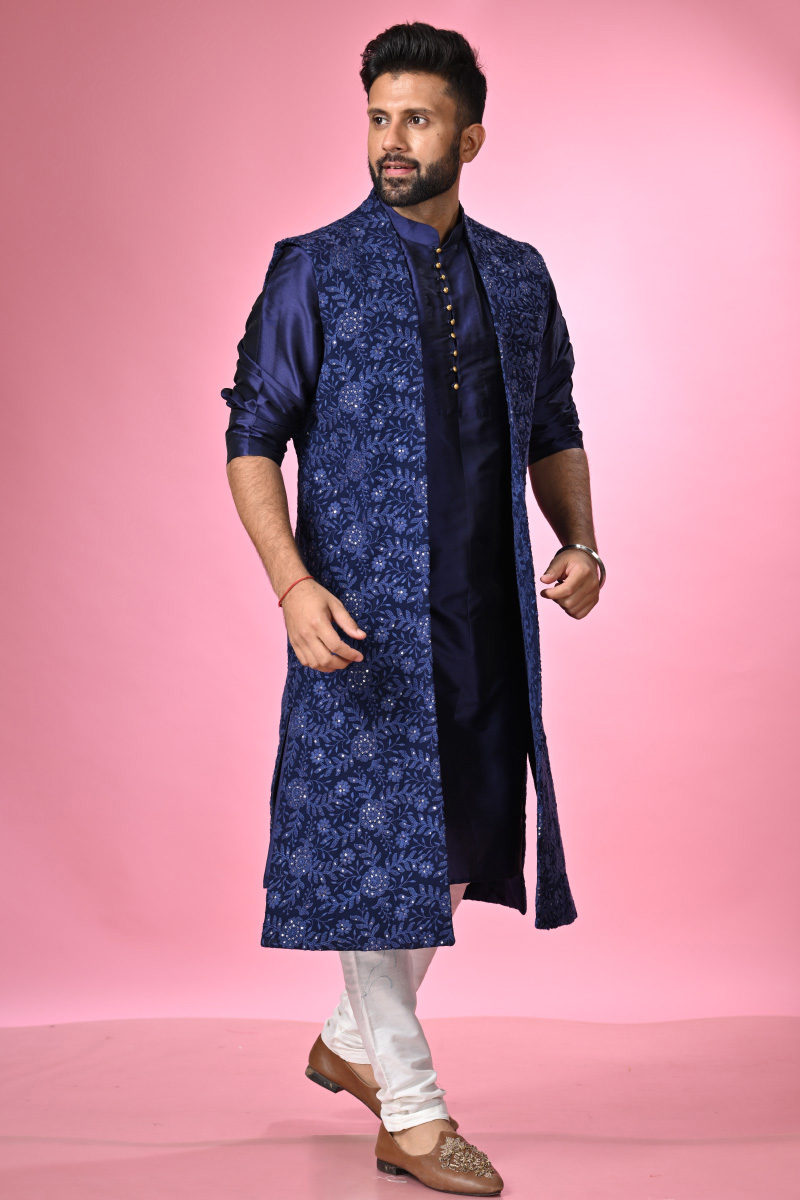 Midnight Blue Kurta Set with Jacket – Ranjh India